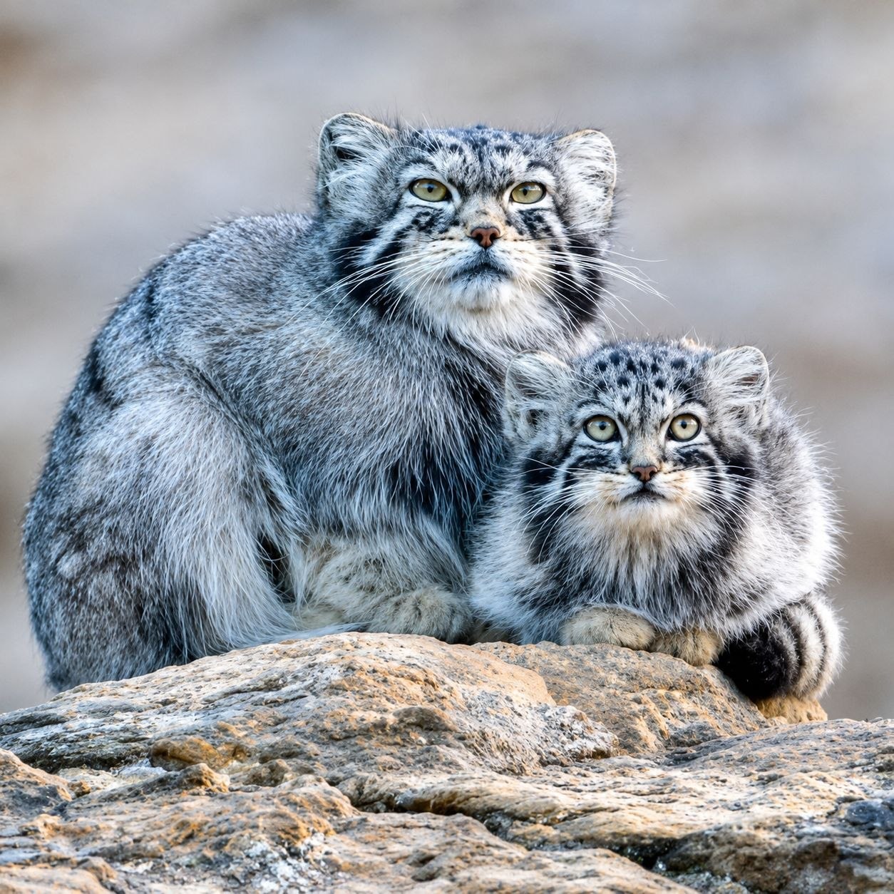 Pallas Cat adult and kitten on rocks